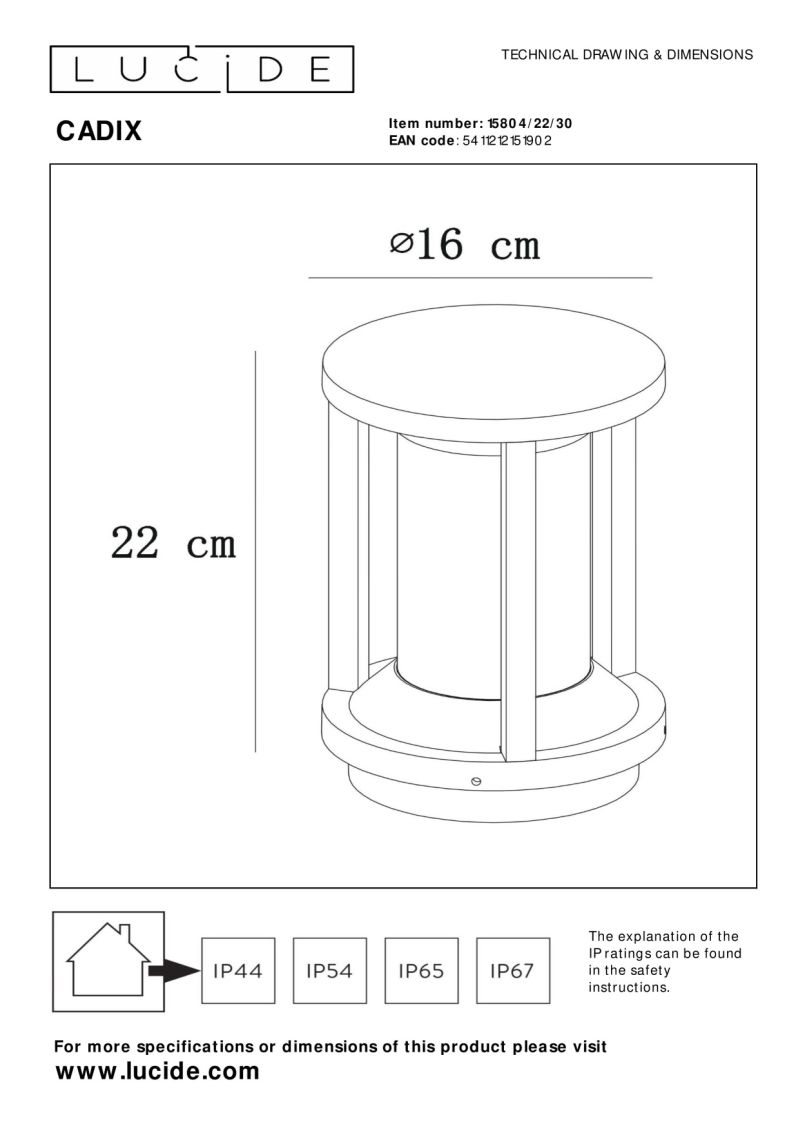 Lucide CADIX - Stĺpové svietidlo Vonkajšie - Ø 16 cm - 1xE27 - IP65 - Čierna